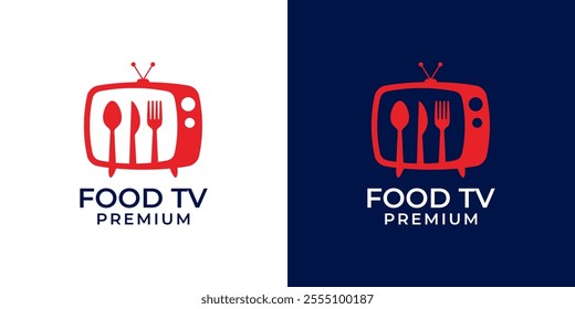 Food TV logo design. Restaurant TV logo template. Culinary video channel logo. Vector logo template of food, restaurant, cooking, culinary, video, television, TV, eat, spoon, fork, knife.