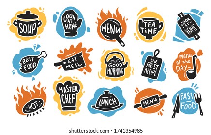 Food typography flat icon set. Graphic chalk logo, emblems and badges for recipe, menu, bar, bistro or cafe isolated vector illustration collection. Kitchen and restaurant concept