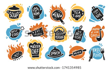 Food typography flat icon set. Graphic chalk logo, emblems and badges for recipe, menu, bar, bistro or cafe isolated vector illustration collection. Kitchen and restaurant concept