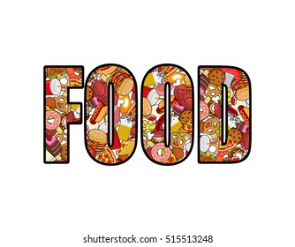 Food typography. Letters of feed. Lettering of meat. Pizza and taco. French fries and hamburger. Hotdog and cookies. Baked turkey and watermelon. Pork and cake. Donuts and dumplings
