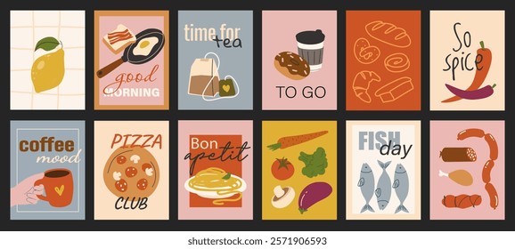 Food typography template posters. Menu covers with lemon, breakfast, coffee, tea, baking, spice, pizza, vegetable, fish, meat, other. Social media banners set in retro 90s design. Vector illustration.