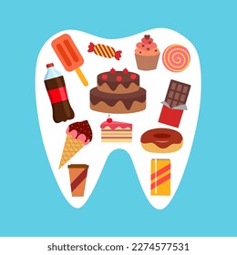 Food for unhealthy tooth in flat design. Bad food that damages teeth.