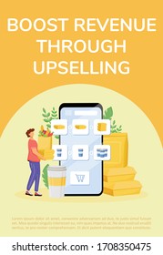 Food upselling poster flat vector template. Internet business, revenue boost, income receiving brochure, booklet one page concept design with cartoon characters. Online supermarket flyer, leaflet