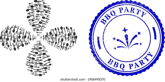 Food utensil explosion flower with four petals, and blue round BBQ PARTY unclean stamp imitation with icon inside. Element centrifugal explosion combined from oriented food utensil items.