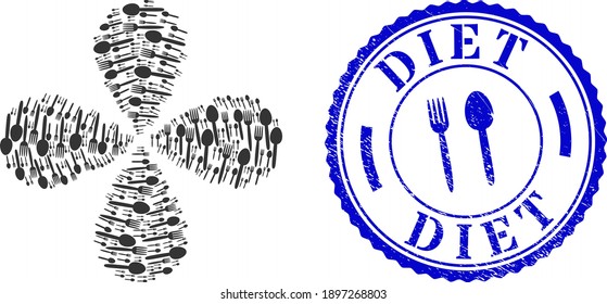 Food utensil explosion flower shape, and blue round DIET rough rubber print with icon inside. Object flower with 4 petals composed from oriented food utensil items.