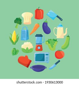 food and utensils around icons