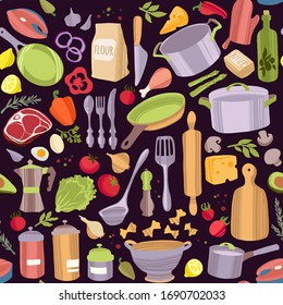 Food and utensils. Cooking flat hand drawn seamless pattern. Kitchen appliance and vegetables, salmon, red meat, herbs, spices decorative colorful illustration. Kitchen textile, vector background.