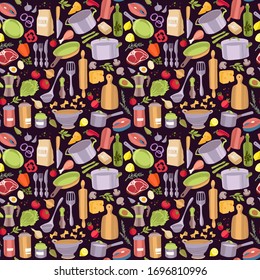 Food and utensils. Cooking flat hand drawn seamless pattern. Kitchen appliance and vegetables, salmon, red meat, herbs, spices decorative colorful illustration. Kitchen textile, vector background.