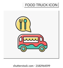 Food van color icon. Commercial vehicle for selling tasty dishes. Wheeled restaurant. Mobile road cafe. Food truck concept. Isolated vector illustration