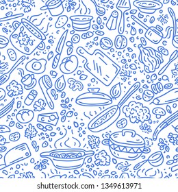 Food vector background. Cooking seamless vector pattern. Vegetables, pots, spoons, spices.