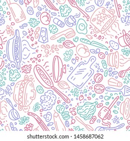 Food vector background. Cooking seamless vector pattern. Vegetables, pots, spoons, spices.