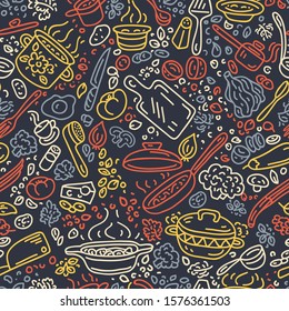 Food vector background. Cooking seamless vector pattern. Vegetables, pots, spoons, spices.