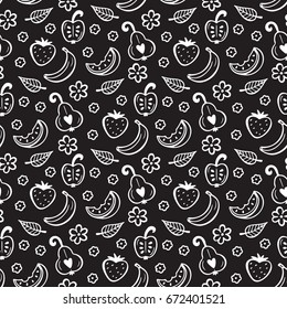 Food Vector Background. Hand Drawn Doodle  Fruits and  Berries Seamless pattern
