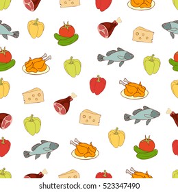 Food vector background, seamless pattern. Drawn cartoon multicolored foodstuffs on a white background. For the design of the fabric, wallpaper, store food, decorating the kitchen, restaurant, cafe