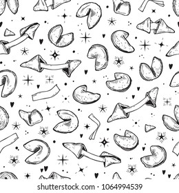 
Food Vector background. Sweet Pastries Seamless pattern. Hand drawn Chinese fortune cookies and crushed Fortune cookie with blank note inside