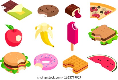 Food vector bitten dessert tasty cake. Eating sweet doughnut, fast food burger isometric illustration. Set of sweet ice cream and fruits apple, banana isolated on white background.