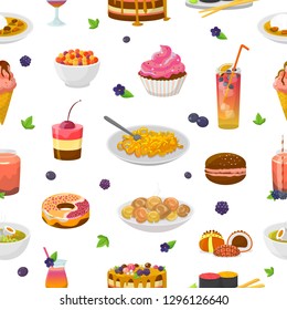 Food vector bluish cake or cupcake with blueberry and sweet dessert with bluish drinks illustration turquoise set of aquamarine donut or blueness ice cream seamless pattern background
