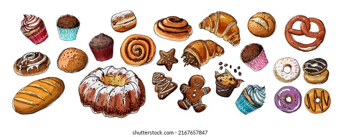 Food vector bread and pastries, buns, donuts, croissants