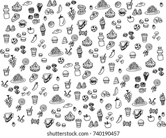 Food vector, coffee, cake, fruit, noodle, ice cream, watermelon, mushroom, cupcake, cherry, carrot, candy, sushi, cookies, donut, egg