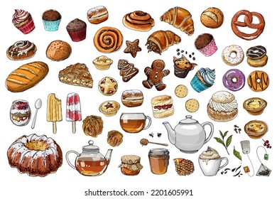 Food vector color sketch  Pastries  buns  tea   coffee  sweets   donuts