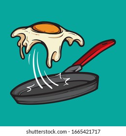 Food vector concept. Flying fried egg from frying pan, isolated illustration 