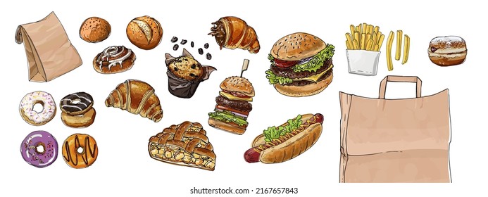 Food vector delivery, burgers, fast food, french fries, bread and pastries, buns, donuts, croissants