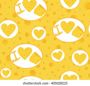 Food vector endless texture with handwritten phrase "I love cheese", cheese hearts and cheese slices. Food and drink vector seamless pattern