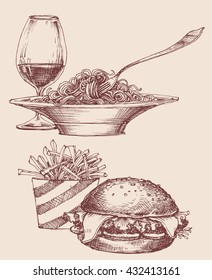 Food vector, fast food burger and fries, pasta and wine