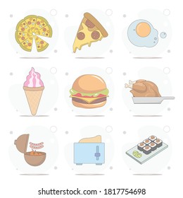 Food vector flat illustration on white background. pizza, hamburger, fried egg, toast, ice-cream, sushi