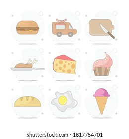 Food vector flat illustration on white background. meat, hamburger, fried egg, cheese, ice-cream, fried chicken, cupcake