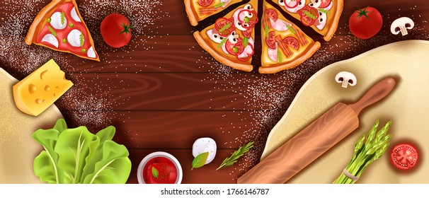 Food vector flat lay in realistic style with dough, rolling pin, pizza slices, vegetables, cheese, mozzarella, greenery. Italian dinner banner with tomatoes, margherita, salad on wooden background 