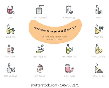 Food Vector Flat Line Icon Illustration Set. Bottles and jars, editable colors. Jam, spice powder, mayonnaise, whey, olive oil, palm oil, fortified wine, vegetable fat, vegetable oil, rapeseed oil