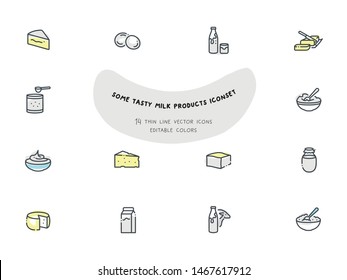 Food Vector Flat Line Icon Illustration Set. Milk products, editable colors. Milk, cow milk, goat milk, sour cream, cottage cheese, kefir, yogurt, cheese. 