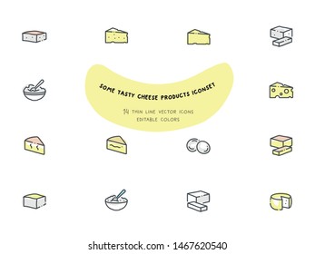 Food Vector Flat Line Icon Illustration Set. Cheese products, different types of cheeses in icon set, editable colors.