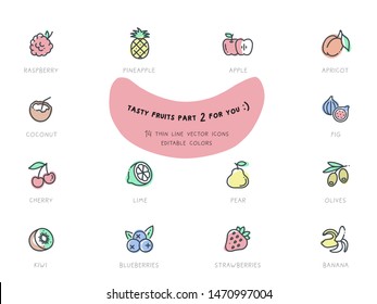 Food Vector Flat Line Icon Illustration Set. Fruits and berries, part 2, editable colors. Raspberry, coconut, cherry, kiwi, pineapple, lime, blueberry, apple, pear, strawberry, banana, olives, fig.