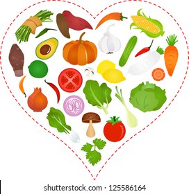 Food Vector -  fresh fruit  vegetable inside a heart - corn, tomato, kale, taro, lemon, chili, radish, parsley, cucumber, potato, onion. Set of cute collection isolated on white