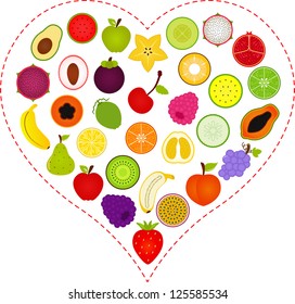 Food Vector -  fruit, cross section inside heart - strawberry, banana, avocado, dragon fruit, pineapple, pomelo, peach, orange, watermelon, apple, pear. Set of cute collection isolated on white