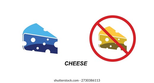 Gráfico de vetor alimentar com cunha de queijo azul e fatia amarela proibida. Conceito de alergia ao leite e ilustração de restrição alimentar.