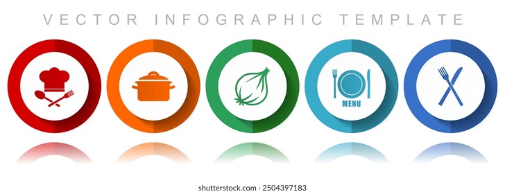 Food vector icon collection, miscellaneous icons such as chef hat, pot, onion, menu and cutlery, flat design infographic template in eps 10