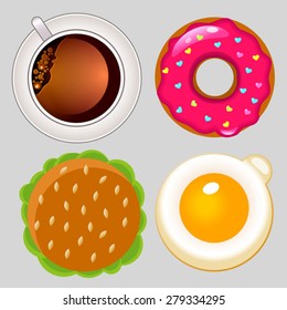 food vector icon design. Flat illustration of unhealthy food, breakfast,diet symbol or restaurant menu element.  Cup of coffee, scrambled egg,hamburger and donut symbols.
