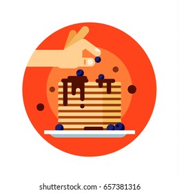 Food vector icon. Homemade american pancakes with chocolate syrup and fresh blueberry. Vector illustration in flat style.