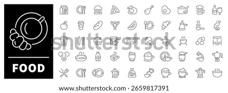 Food vector icon set. Set of 50 outline food icons. Meals, drinks, fruits, kitchen utensils, and dining items presented in tasty linear visuals