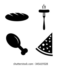 food - vector icon, set - chicken leg, Pizza, Sausage, bread