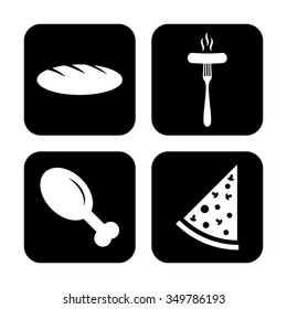 food - vector icon, set - chicken leg, Pizza, Sausage, bread