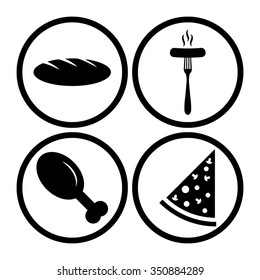 food - vector icon, set - chicken leg, Pizza, Sausage, bread