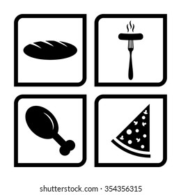 food - vector icon, set - chicken leg, Pizza, Sausage, bread