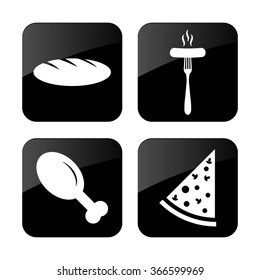 food - vector icon; set - chicken leg;  Pizza; Sausage; bread