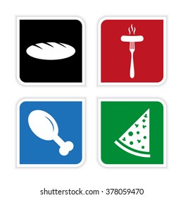 food - vector icon; set - chicken leg; Pizza;  Sausage; bread