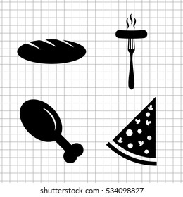 food - vector icon; set - chicken leg; Pizza;  Sausage; bread