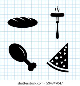 food - vector icon; set - chicken leg;  Pizza; Sausage; bread